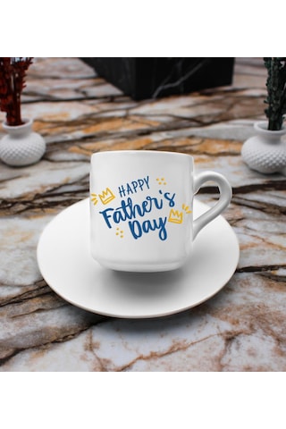 Happy Father's Day Baskılı 2'li Türk Kahve Fincanı & Metal Mum Hediye Seti Babalar Gününe Özel Hediye B3