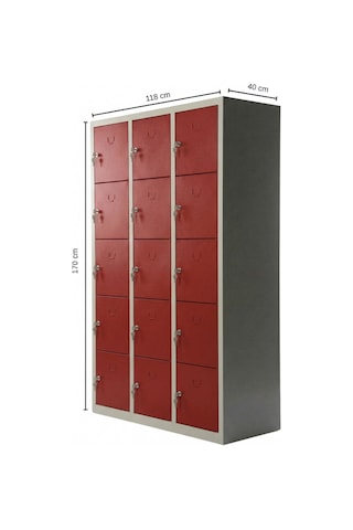 15 Gözlü Metal Emanet Dolabı Kırmızı 118x40x170