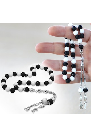 Kararmaz Metal Kişiye Özel Harf Püsküllü Küre Kesim Siyah Beyaz Jade Ayyıldız Oniks Doğaltaş Taraftar Tesbih Siyah - Beyaz