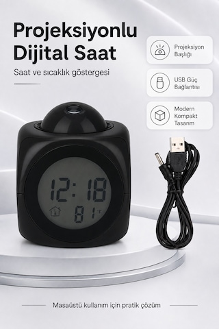 Duvara Yansıtan Projeksiyonlu Dijital Çalar Saat Konuşan Termometreli Led Alarm Masa Saati Pilli & Kablolu Kullanım Siyah