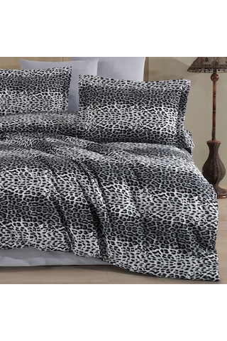 Çift Kişilik Leopar Desen Nevresim Takımı 200x220 4 Yastık Kılıfı Lastikli Çarşaflı 180x200+25 Gri - Antrasit