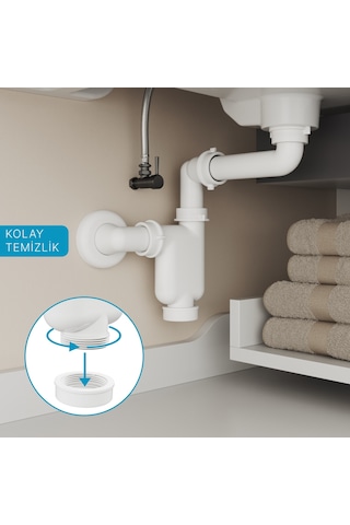 Aqua Bagno Comfort Yer Kazandıran Lavabo Sifonu Ve Süzgeç - 2 Parça , Kolay Temizlenir, Ayarlanabilir Koku Önleyici Gide beyaz