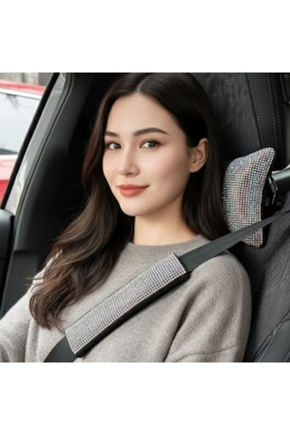 Işıltılı Pırlanta Taşlı Ergonomik Boyun Yastığı Ve Konforlu Emniyet Kemer Süngeri Seti Üniversal Silver Gümüş Renk