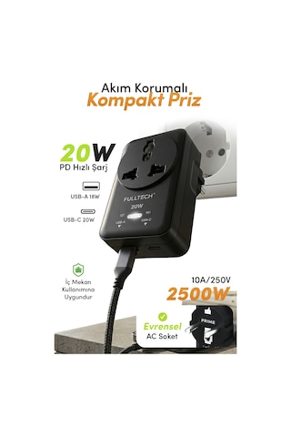 Fulltech Ftr-27 20w Pd Hızlı Şarjlı Akım Korumalı Kompakt Priz Siyah Usb-c & Usb-a Çıkışlı 2500w G Kablosuz