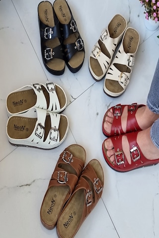 Neon Shoes Darma Kadın Günlük Terlik Çift Bant Tokalı Ortopedik Taban Anne Dışarı & Ev İçi Terliği 001