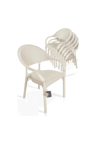 6 Adet Bambu Rattan Kollu Sandalye Koltuk Kapiçino Krem