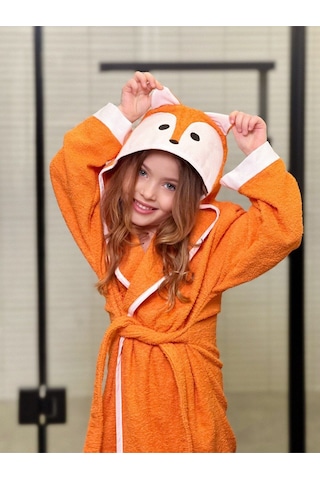Formeya Kapşonlu Çocuk Bornoz %100 Pamuk Su Emici Tilki Figürlü Turuncu