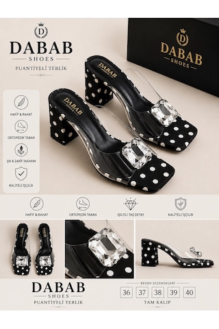 Dabab Shoes Rodın Kadın Şeffaf Bantlı Taş Tokalı Puantiye Desenli Kare Burunlu Siyah 7 Cm Kalın Topuklu Terlik
