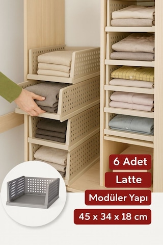 6 Adet Latte Raylı Elbise Organizeri - Mutfak Banyo Düzenleme Depolama Üst Üste Dizilebilir Bej