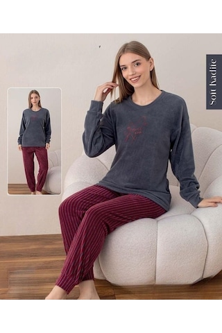 Boyraz Kadın Kışlık Bisiklet Yaka Soft Kadife Pijama Takımı 07037 - 1 Adet Füme