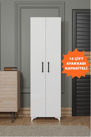 Ae-3085 Selen Beyaz Ayakkabılık, 7 Raflı, Ayaklı, 2 Kapaklı Beyaz