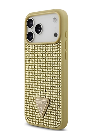 Apple Uyumlu iPhone 17 Pro Max Kılıf Guess Lisanslı Taşlı Arka Yüzey Üçgen Logolu Kapak Gold Gold