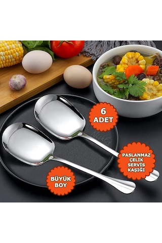 Nishev 6'lı Lüks Servis Kaşığı Seti Büyük Boy Paslanmaz Çelik Kaşık Salata Pasta Yemek Servis Mutfak Kaşığı