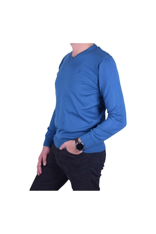 Erkek V Yaka Triko Kazak Mavi Regular Fit Pamuklu, Ot-Kzk-20003 Mavi