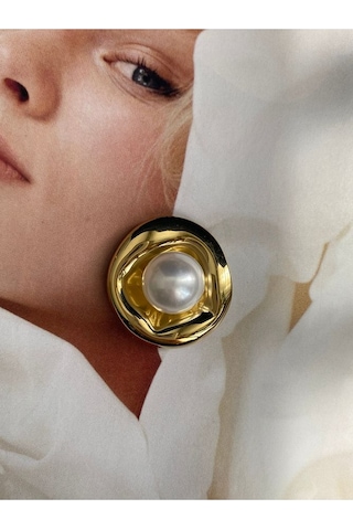 Pinery Jewels Top İncili Yuvarlak Paslanmaz Çelik Kadın Küpe Çifti Altın