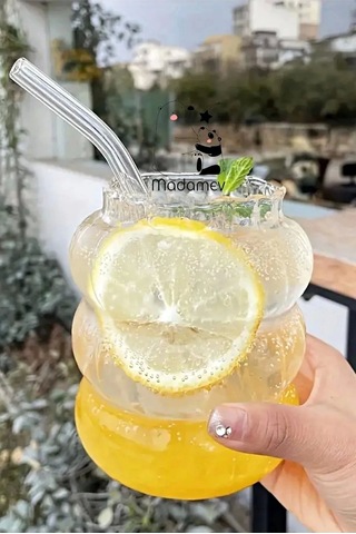 4lü Bubble Şekli Pipetli Cam Bardak Limonata Meşrubat Kokteyl Kahve Sunum Baloncuk Bardağı 500 Ml.