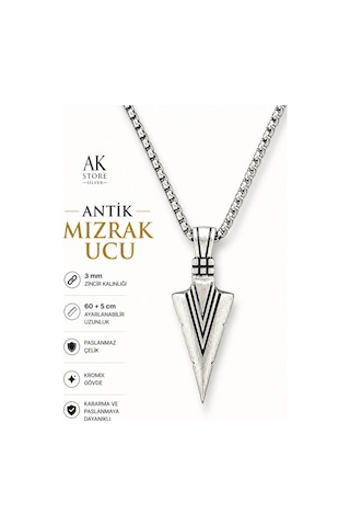 Erkek, İlk Ve Orta Çağ Mızrak Ucu Figürlü K-112 Paslanmaz Kromix Çelik Gümüş Kaplama Kolye Madalyon Beyaz