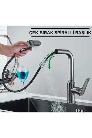 Boheme Fleko Çok Modlu Spiralli Mutfak Evye Bataryası Şelale Yağmurlama Fonksiyonel Antrasit