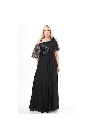 Ladies First Büyük Beden 3858 Siyah Uzun Abiye Elbise 001