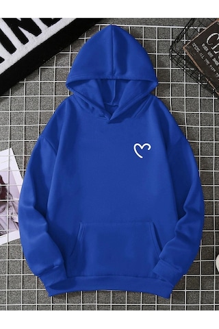 Yarım Kalp Sweatshirt - Saks Mavi Baskılı Oversize Kapüşonlu Sax Mavi