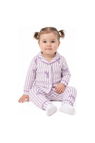 By Bebekodam Kız Bebek Beyaz Lila Fiyonklu Çizgili Pijama Takımı