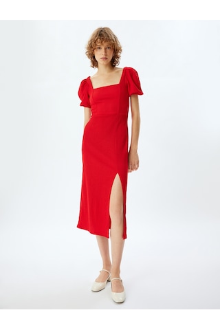 Koton Balon Kol Elbise Bodycon Midi Boy Kare Yaka Sırtı Bağcıklı Yırtmaç Detaylı Kırmızı 4sal80193ık Kırmızı
