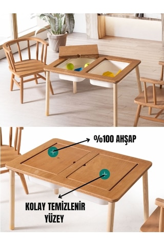 Montessori Aktivite Masası Çift Hazneli Masa Kayın Ahşap Vernikli Ahşap