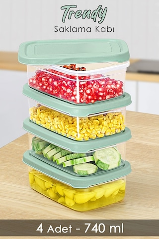 Meleni Home 4 Adet Dikdörtgen Erzak Saklama Kabı Mikrodalgaya Uygun Düzenleyici Organizer 740 ML Yeşil