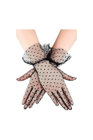 Güpürlü Tüllü Puantiyeli Şeffaf Parti Kostüm Kına Düğün & Gelin Eldiveni Siyah Çok Renkli