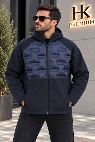Hk Premium Erkek Parmak Baskı Kapitone %100 Polyester Hibrit Softshell Kapüşonlu Şişme Mont Lacivert