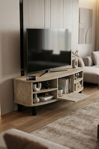 Tv Sehpası 136 Cm Kapaklı Raflı Çok Amaçlı Televizyon Ünitesi Salon Oturma Odası Vienna 5014 Atlantk Ekru