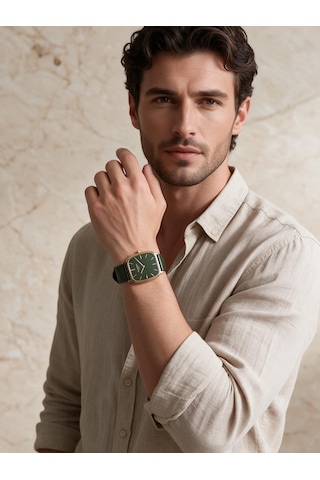 Lee Cooper Haki Deri Kayış Yeşil Kadran 32 Mm Dikdörtgen Erkek Kol Saati, Bileklik Hediyeli Gold