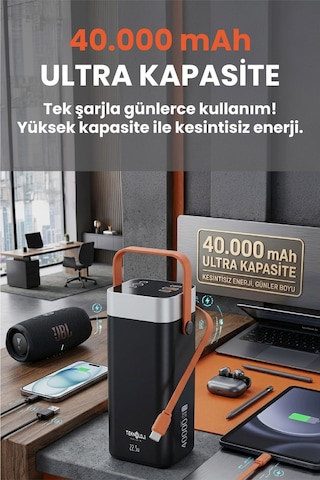 40.000 Mah Hızlı Şarj Powerbank Kamp Işığı Güçlü El Feneri Kablolu Göstergeli Taşınabilir Batarya Siyah