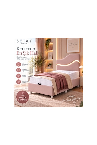 Baza Seti, Merry Ledli Tek Kişilik Baza Başlık Maxi Yatak Seti, 90x190 Cm - Pembe 90 x 190