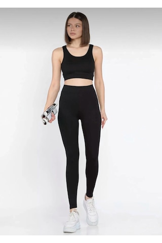 Butik Siyah Kadın Kalın Askılı Fitilli Crop Yüksek Bel Sporcu Tayt İkili Takım SiYAH