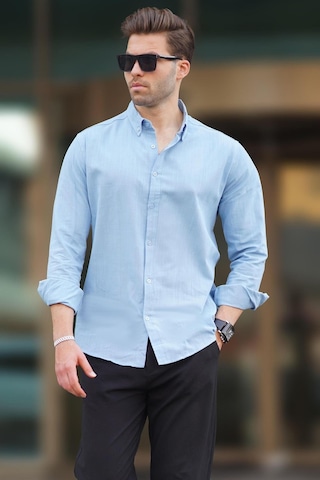Madmext Mavi Uzun Kollu Pamuklu Keten Görünümlü Erkek Gömlek 6743 Mavi