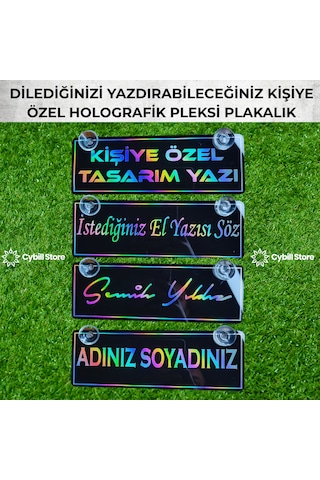 Kişiye Özel Hologram Vantuzlu Dekor Plaka Parlak Siyah Pleksi Oto Aksesuar Vantuzlu 22x7,5 Cm Lazer Kesim