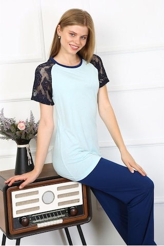 Akbeniz Kadın Kolu Dantelli Penye Pijama Takım 4148 - 3xl Su Yeşili