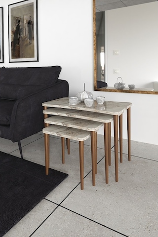 Selena 4Lü Zigon Sehpa Ahşap Ayaklı Salonseti Sehpası Beyaz Mermer