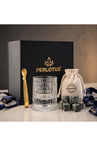 Perlotus 360 Döner Viski Bardağı Hediye Seti 6'lı Granit Viski Taşı, Gold Çelik Maşa, Kese Premium Kutulu Set Şeffaf
