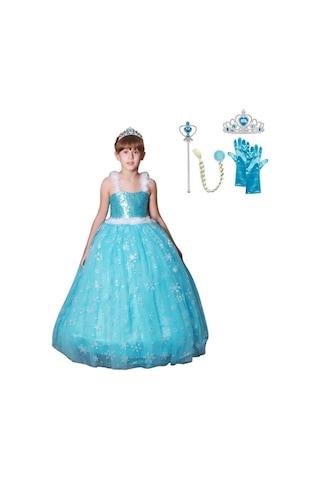 Butikhappykids Prenses Elsa Askılı Elsa Kostüm Taç Asa Saç Eldiven 1-12 Yaş Mavi