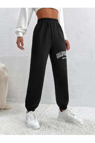 Unisex Rahat Kalıp California Baskılı Paçası Lastikli Eşofman Alt Siyah