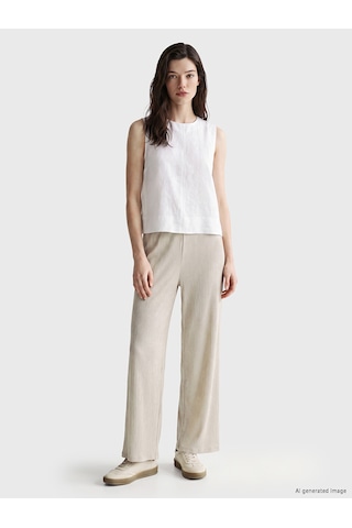 Lcw Comfort Bej Beli Lastikli Dokulu Kadın Pantolon