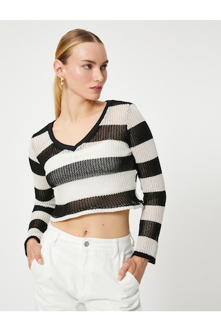 Koton Crop Kazak V Yaka Uzun Kollu Beyaz Çizgili 4wak30038ek Beyaz
