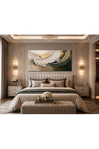 Lüx Gold & Zümrüt Yeşili Soyut Kanvas Tablo Modern Premium Panoramik Duvar Tablosu Salon, Ofis, Yatak Odası Dekorasyonu