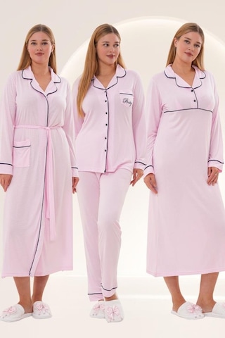 Mecit Pijama Mecit 6335 Pembe Kadın Sabahlık Gecelik Pijama Seti Pembe