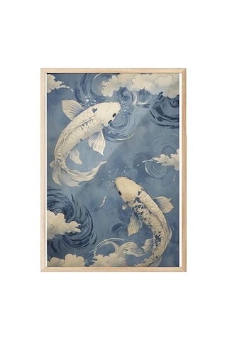Zestia Ahşap Çerçeveli Tablo, Koi Balıkları, Japon Dalgalar Arasında, Mavi Tonlar Poster No: 107505 30 X 40