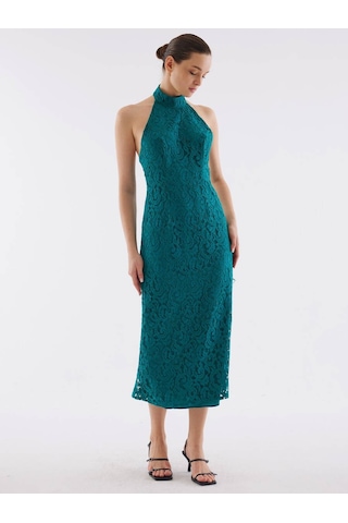 Dantel Halter Yaka Yeşil Elbise Standart