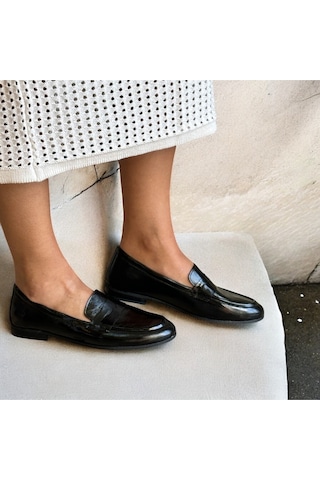 Ne&ve Shoes Siyah Kırışık Rugan Hakiki Deri Kadın Loafer Ayakkabı