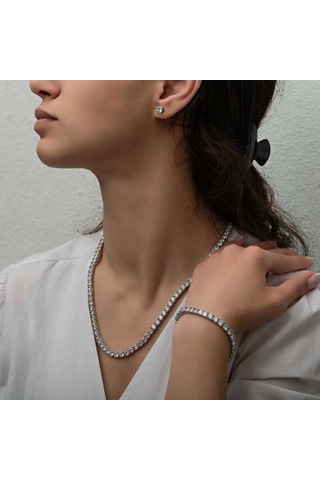 Gümüş 2.5 Mm Beyaz Taşlı Su Yolu Kadın Set Çok Renkli